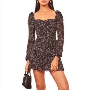 REFORMATION Polka Dot Confetti Elin Square Neck Bow Shoulder Mini Dress